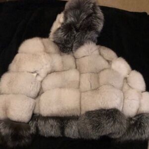Gray and White Fox Fur Hooded Jacket